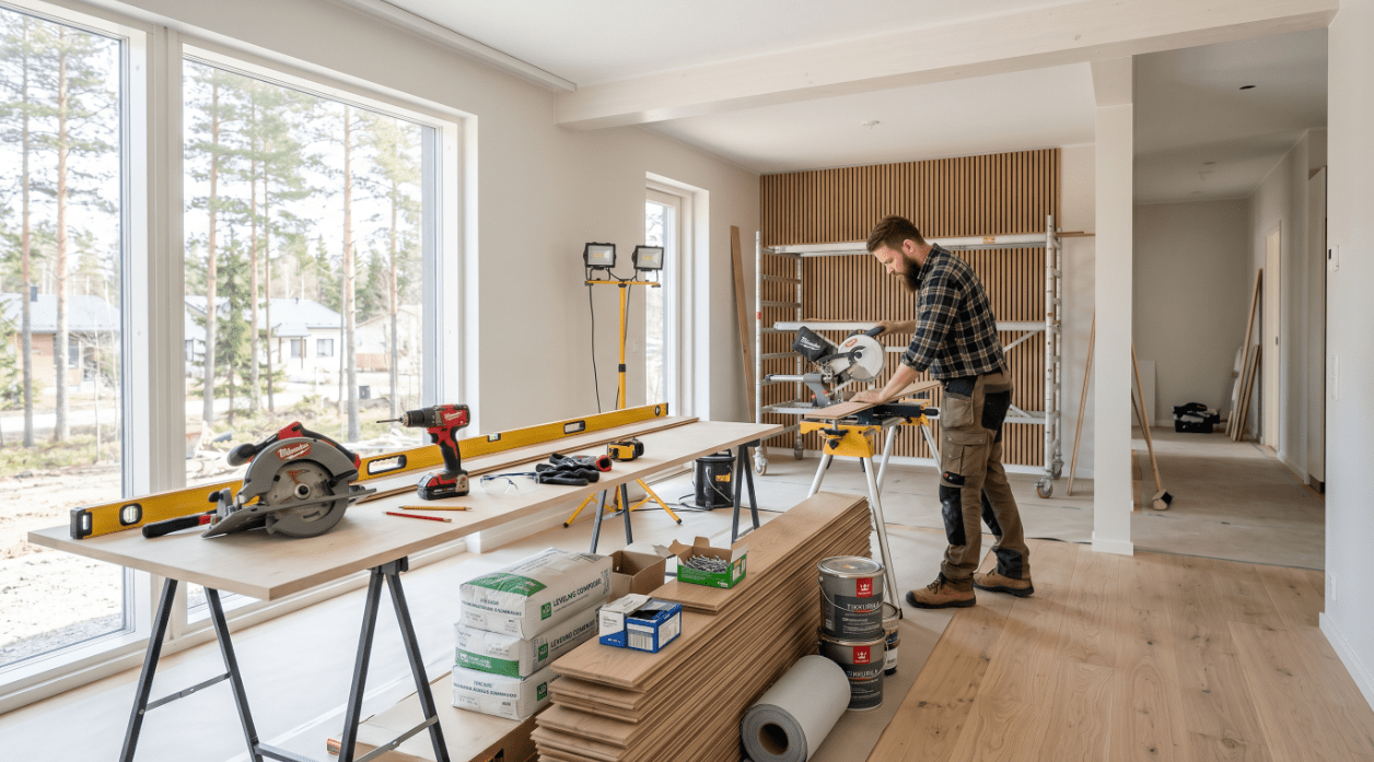 Moderni suomalainen rakennustyömaa rakennesuunnittelulla ja skandinaavisella asuinrakennuksella.